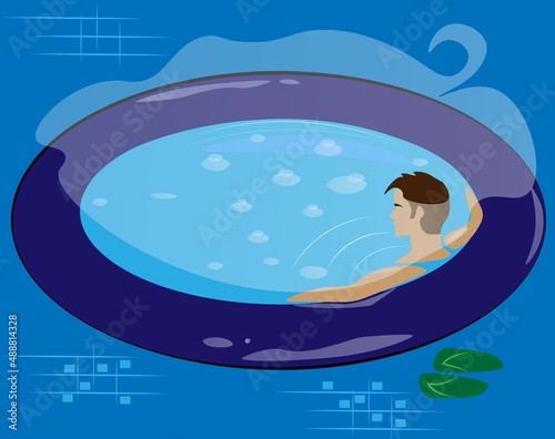 man relaxing in a Spa. The man let go of all worries and relaxed in the bubbling water of the Spa. sauna  bath heal our body and soul.