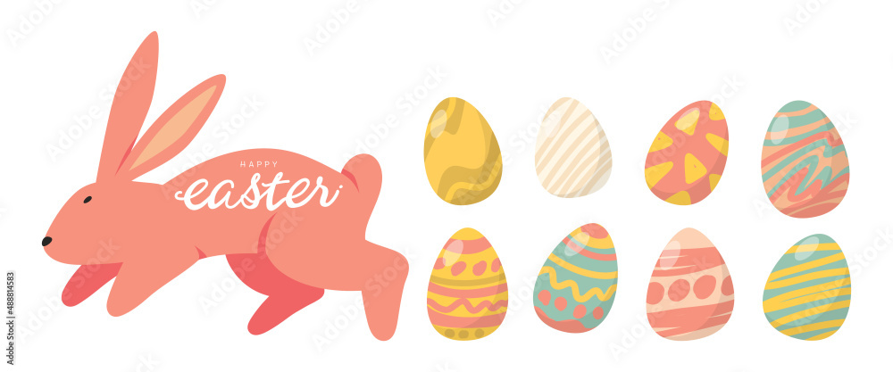 Eggs and bunnies on Easter, celebrations and holidays.