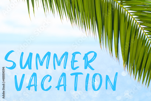 Summer vacation message written in elegant font on the background with palm leaf and blue sea. Holiday concept and advertising of tour agency. 