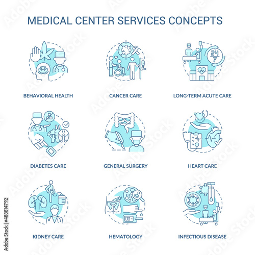Medical center services turquoise concept icons set. Professional patient care idea thin line color illustrations. Isolated symbols. Editable stroke. Roboto-Medium, Myriad Pro-Bold fonts used