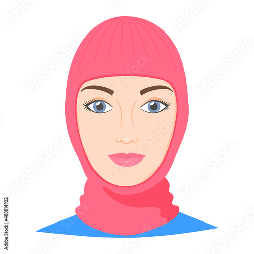 Woman wearing balaclava helmet. Trendy worm headgear for cold weather. Facial mask for the whole head to wear under helmet in flat style. Vector