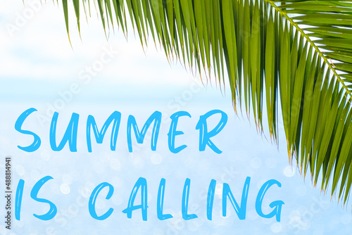 Summer is calling message written in elegant font on the background with palm leaf and blue sea. Holiday concept and advertising of tour agency.  © vladim_ka