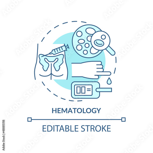 Hematology turquoise concept icon. Blood study and analyzing. Medical center service abstract idea thin line illustration. Isolated outline drawing. Editable stroke. Arial, Myriad Pro-Bold fonts used