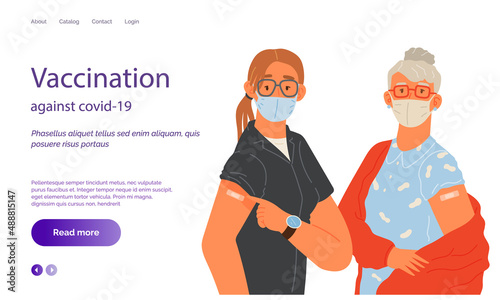 Stop coronavirus agitation concept. Vaccination promo, immunization of workers. Vaccine saves lives. People wearing protective mask showing their arm with bandage after receiving covid-19 vaccine