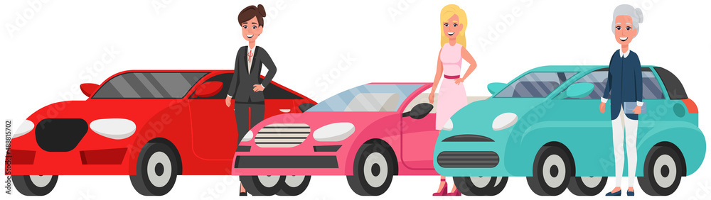 Women of different generations next to their personal transport. Stages of development of lady, adolescence, maturity, old age. Elderly, adult and young ladies standing near automobiles, cars Women of different generations next to their personal transport. Stages of development of lady, adolescence, maturity, old age. Elderly, adult and young ladies standing near automobiles, cars