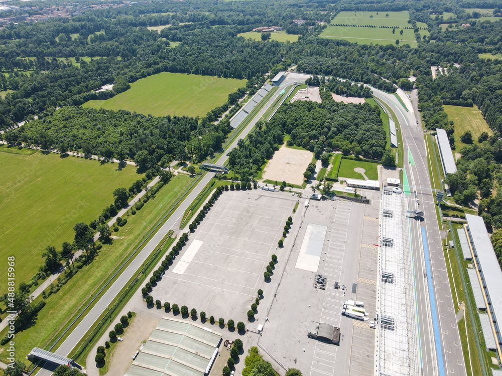 Obraz premium Aerial View of Autodromo Nazionale Monza, that is a race track near the city of Monza in Italy, north of Milan. Venue of the Formula 1 Grand Prix. Epic drone shot in autumn.