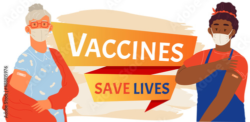 Stop coronavirus agitation concept. Vaccination promo, immunization of workers. Vaccine saves lives. People wearing protective mask showing their arm with bandage after receiving covid-19 vaccine