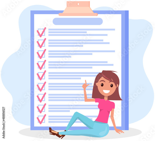 Month scheduling, to do list, time management, checklist. Terrified woman sitting near to do plan and planning. Plan fulfilled, task completed, timetable sheet. Check list planning, schedule concept