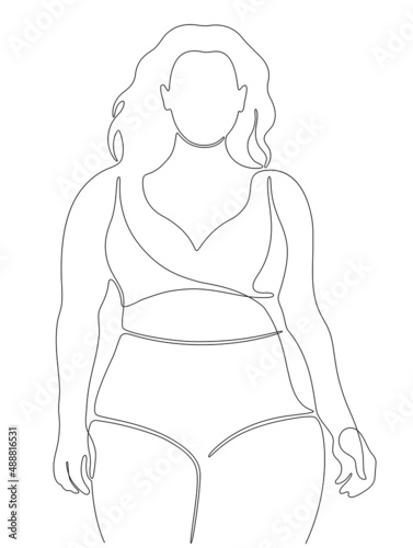 Continuous line portrait of beautiful oversize woman in gym suit. Body positive. Fitness woman.