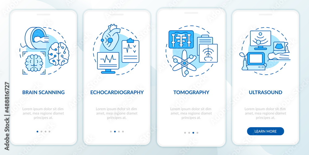 Fototapeta premium Diagnostic imaging blue onboarding mobile app screen. Medical research walkthrough 4 steps graphic instructions pages with linear concepts. UI, UX, GUI template. Myriad Pro-Bold, Regular fonts used