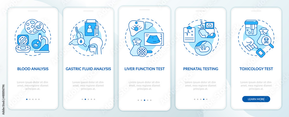 Diagnostic services blue onboarding mobile app screen. Healthcare provide walkthrough 5 steps graphic instructions pages with linear concepts. UI, UX, GUI template. Myriad Pro-Bold, Regular fonts used