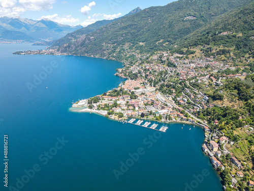 Aerial view of Bellano, panoramic view from the drone to the famous old Italy town of Como lake. Near Varenna and Lierna, Bellano is a small town in Como, near Lecco, in Lombardia.