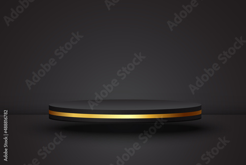 Empty podium for decor, advertising, show. Black podium with golden glitter, luxury design on dark background. Vector illustration.
