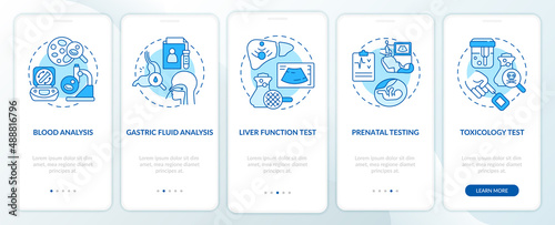 Diagnostic services blue onboarding mobile app screen. Healthcare provide walkthrough 5 steps graphic instructions pages with linear concepts. UI, UX, GUI template. Myriad Pro-Bold, Regular fonts used