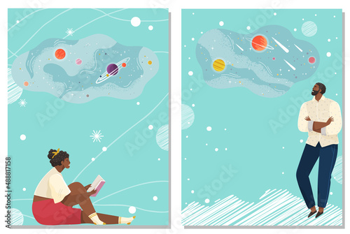 People dreaming or making decision, young man and woman thinking of something. Girl reading romantic book. Fantasy characters with imaginary thoughts, new dreams, fancied ideas, beautiful slumber