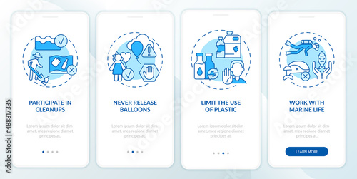 Ocean life protection blue onboarding mobile app screen. Balloons launch walkthrough 4 steps graphic instructions pages with linear concepts. UI, UX, GUI template. Myriad Pro-Bold, Regular fonts used