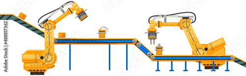 Robotic arm raises goods and stacks them on conveyor. Automated robotic production line for packaging of items with workers. Technical team works with technologies, equipment, machines at factory