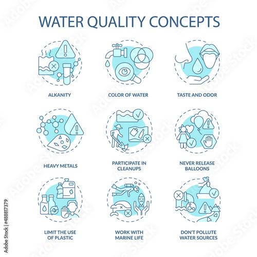 Water quality turquoise concept icons set. Protecting water idea thin line color illustrations. Work with marine life. Isolated symbols. Editable stroke. Roboto-Medium, Myriad Pro-Bold fonts used