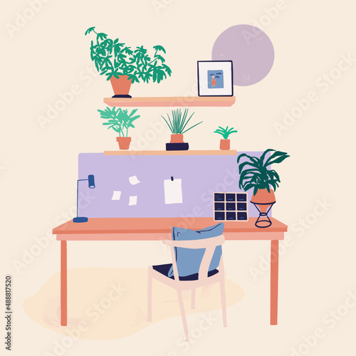 Espace de travail avec bureau, chaise et étagères avec plantes et décoration