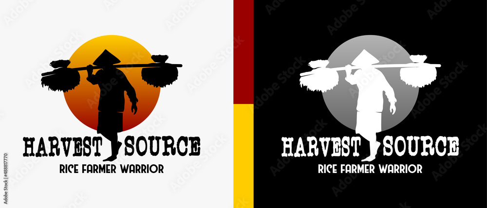 rice farmer logo design template or person carrying rice with silhouette in sun or moon background. premium vector logo illustration