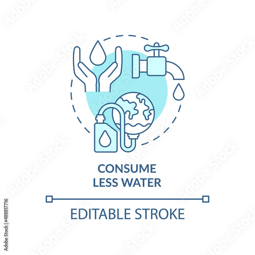 Consume less water turquoise concept icon. Natural resource protection abstract idea thin line illustration. Isolated outline drawing. Editable stroke. Arial, Myriad Pro-Bold fonts used