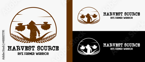rice farmer logo design template or person carrying rice with rice silhouette and icon in circle. premium vector logo illustration