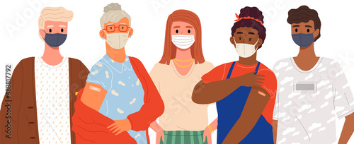 Stop coronavirus agitation concept. Vaccination promo, immunization of workers. Vaccine saves lives. People wearing protective mask showing their arm with bandage after receiving covid-19 vaccine