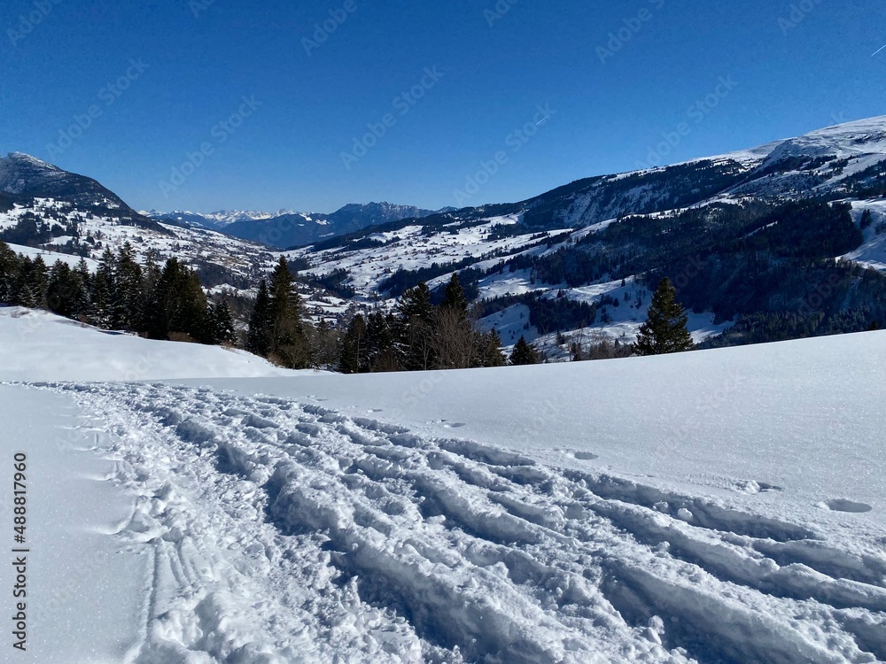 Fototapeta premium Wonderful winter hiking trails and traces on the slopes of the Alpstein mountain range and in the fresh alpine snow cover of the Swiss Alps - Alt St. Johann, Switzerland (Schweiz)