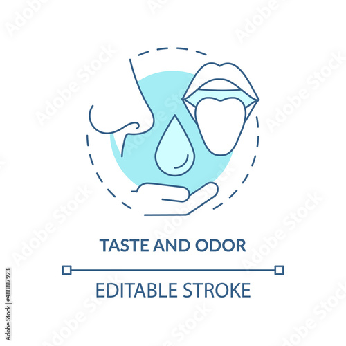 Taste and odor turquoise concept icon. Water quality analysis abstract idea thin line illustration. Tasteless liquid. Isolated outline drawing. Editable stroke. Arial, Myriad Pro-Bold fonts used