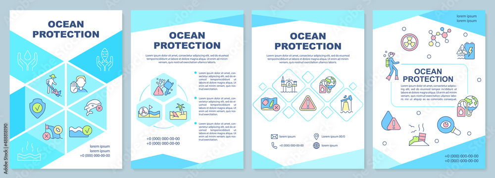 Ocean protection turquoise brochure template. Marine species safety. Leaflet design with linear icons. 4 vector layouts for presentation, annual reports. Arial-Black, Myriad Pro-Regular fonts used