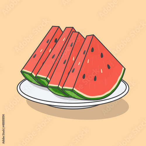 Pieces Of Watermelon On A Plate Cartoon Vector Illustration. Fresh Watermelon Fruit Flat Icon Outline