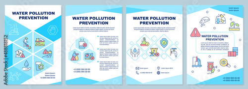 Water pollution prevention blue brochure template. Quality control. Leaflet design with linear icons. 4 vector layouts for presentation, annual reports. Arial-Black, Myriad Pro-Regular fonts used