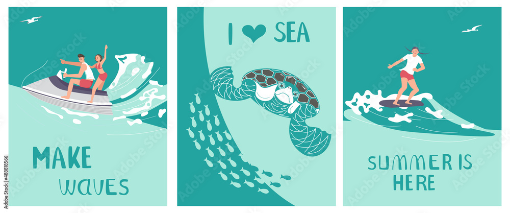 Naklejka premium Set of Postcard I love sea in a marine style