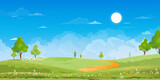 Spring time,Sunny day Summer landscape in village with green field,cloud and blue sky background.Rural countryside with mountain,grassland,sunlight in Morning,Vector Nature scenery cartoon background