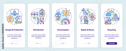 Circular economy process onboarding mobile app screen. Efficiency walkthrough 5 steps graphic instructions pages with linear concepts. UI, UX, GUI template. Myriad Pro-Bold, Regular fonts used