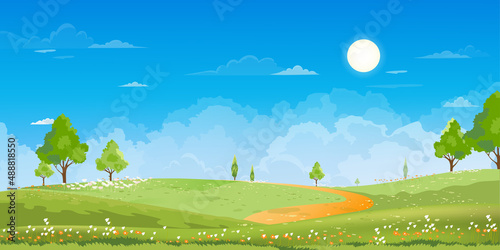 Spring time,Sunny day Summer landscape in village with green field,cloud and blue sky background.Rural countryside with mountain,grassland,sunlight in Morning,Vector Nature scenery cartoon background