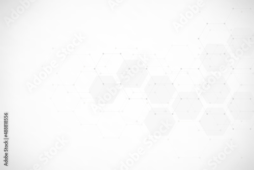 Hexagons pattern on gray background. Genetic research, molecular structure. Chemical engineering. Concept of innovation technology. Used for design healthcare, science and medicine background