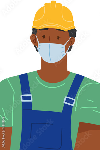 Man builder worker using protective medical face mask for covid 19 during pandemic vector isolated illustration. Male character follows quarantine rules, takes care of his health and his colleagues
