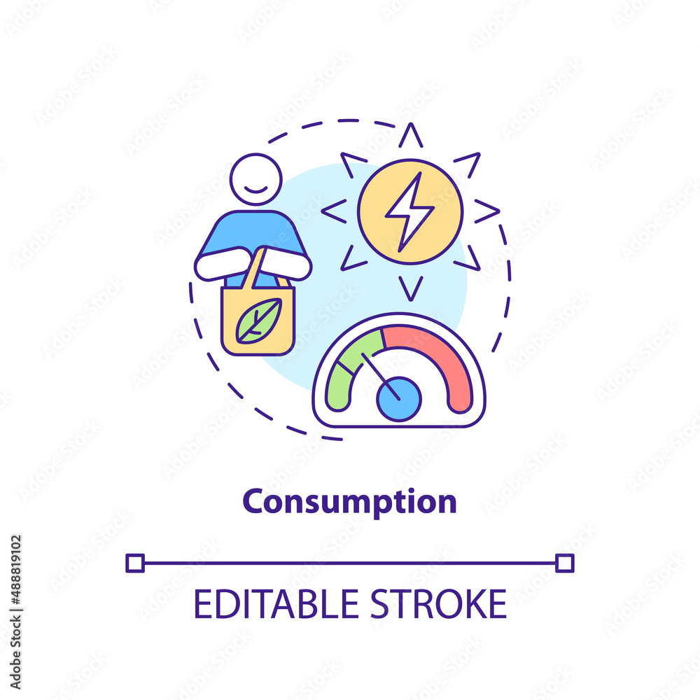 Consumption concept icon. Circular economy implementation abstract idea thin line illustration. Promote energy efficiency. Isolated outline drawing. Editable stroke. Arial, Myriad Pro-Bold fonts used