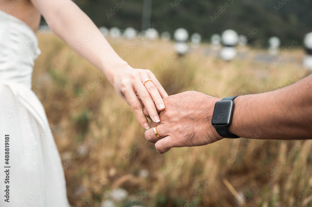 Bride and groom standing holding hands in the forest on outside at pre wedding day Bride and groom standing holding hands in the forest on outside at pre wedding day