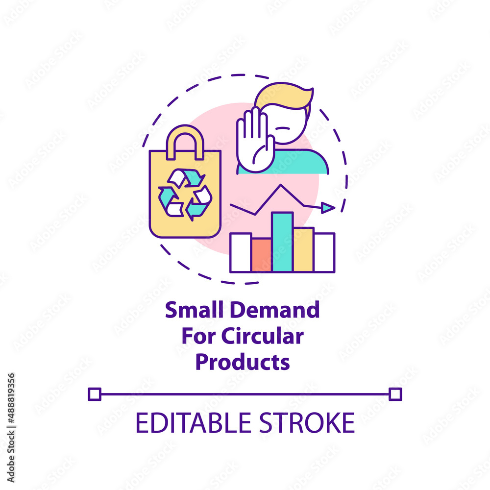 Small demand for circular products concept icon. Circular economy disadvantage abstract idea thin line illustration. Isolated outline drawing. Editable stroke. Arial, Myriad Pro-Bold fonts used