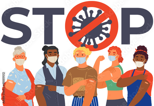 Stop coronavirus agitation concept. Vaccination promo, immunization of workers. Vaccine saves lives. People wearing protective mask showing their arm with bandage after receiving covid-19 vaccine