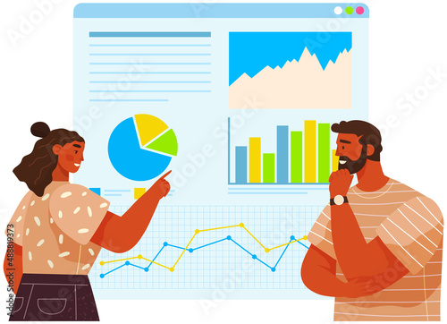 Businesswoman makes presentation to colleague. Office workers characters discussing statistics. Business people talking communicating, analyze presentation graphs and charts. Business meeting concept