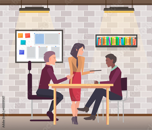 Businesspeople have project strategy planning meeting. Teamwork with business plan, creating new creative project. Meeting to discuss starting business. Colleagues discussing work in entrepreneurship