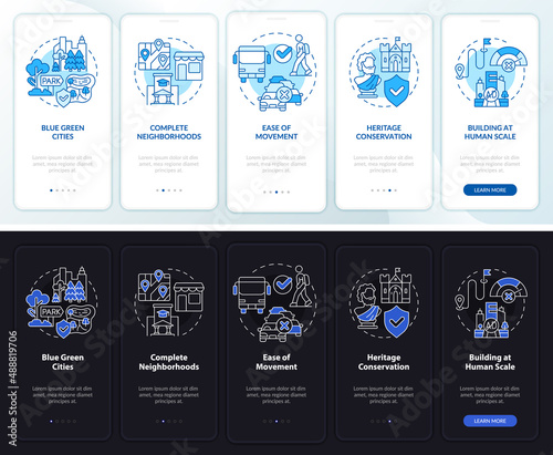 Urban design principles night and day mode onboarding mobile app screen. Walkthrough 5 steps graphic instructions pages with linear concepts. UI, UX, GUI template. Myriad Pro-Bold, Regular fonts used