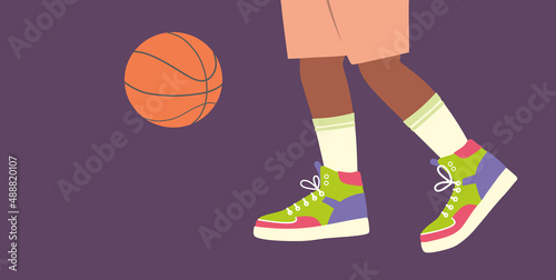 Basketball player with the ball on basketball court. Basketball game. Active lifestyle and leisure. NBA. Sport team playing game.Outdoor and indoor activity. Colorful Isolated flat vector illustration