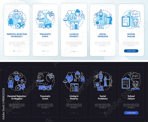 Conduct disorder risk night, day mode onboarding mobile app screen. Walkthrough 5 steps graphic instructions pages with linear concepts. UI, UX, GUI template. Myriad Pro-Bold, Regular fonts used
