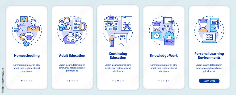 Lifelong learning contexts onboarding mobile app screen. Walkthrough 5 steps graphic instructions pages with linear concepts. UI, UX, GUI template. Myriad Pro-Bold, Regular fonts used