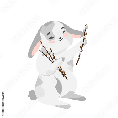 Cute Bunny with pussy willow branch isolated vector Illustration. Happy Easter design. Grey rabbit in cartoon style for baby t-shirt print, print design, kids wear, greeting and invitation card
