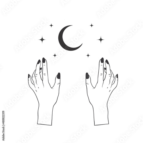 female hands reaching for the moon on a white background. Line art, use as a sketch for a tattoo, an element for creating a logo, poster, sticker
